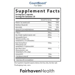 Supplement Facts label for CountBoost for Men showing vitamins, antioxidants, and herbal ingredients including Maca, Ashwagandha, and CoQ10