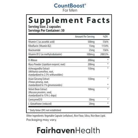 2024_FHH_ImageStack_FH.COUNTBOOST-US.REV02_SFP_Name Supplement Facts label for CountBoost for Men showing vitamins, antioxidants, and herbal ingredients including Maca, Ashwagandha, and CoQ10