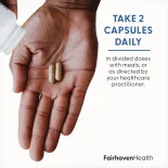 Hand holding two CountBoost capsules with text recommending: Take 2 capsules daily in divided doses with meals or as directed by your healthcare provider