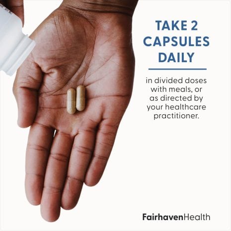 2024_FHH_ImageStack_FH.COUNTBOOST-US.REV02_SuggestedUse Hand holding two CountBoost capsules with text recommending: Take 2 capsules daily in divided doses with meals or as directed by your healthcare provider