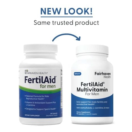 2024_FHH_ImageStack_FH.FERTILAIDMEN-US.REV03_NEWLOOK Side-by-side image showing the old and new packaging for FertilAid for Men with label: “New Look! Same trusted product”