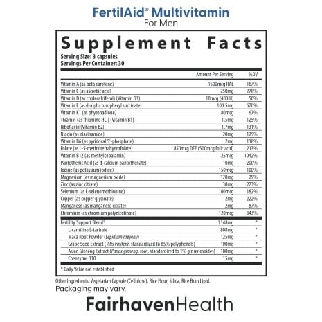2024_FHH_ImageStack_FH.FERTILAIDMEN-US.REV03_SFP_NAME Supplement facts panel for FertilAid for Men by Fairhaven Health, showing vitamin, mineral, and herbal ingredient amounts per 3-capsule serving.
