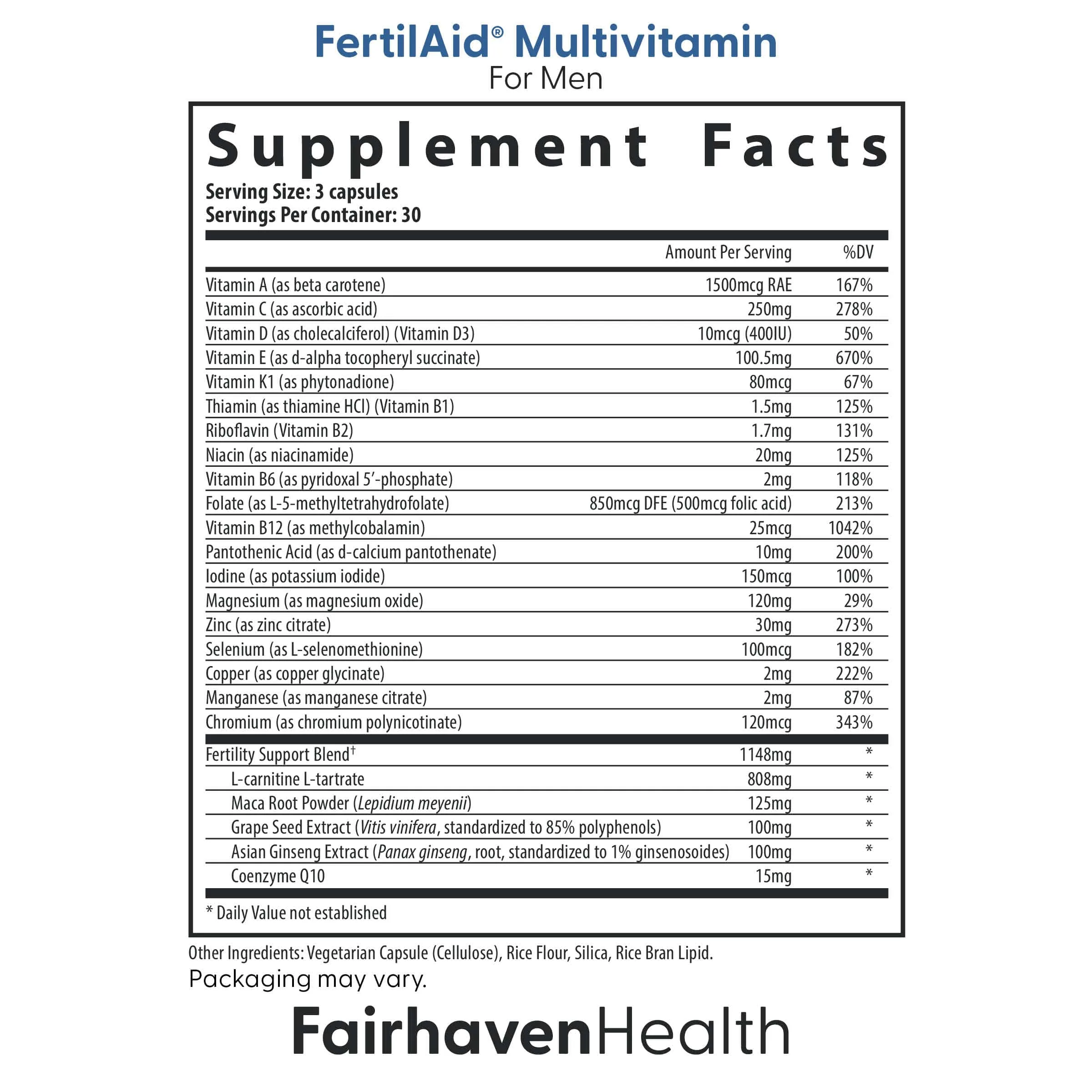 Supplement facts panel for FertilAid for Men by Fairhaven Health, showing vitamin, mineral, and herbal ingredient amounts per 3-capsule serving.