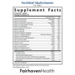 Supplement Facts label for FertilAid Multivitamin for Men by Fairhaven Health, showing vitamins, minerals, and a fertility support blend.