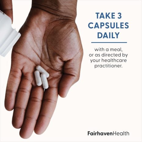 2024_FHH_ImageStack_FH.FERTILAIDMEN-US.REV03_SuggestedUse Hand holding three FertilAid for Men capsules with text recommending: Take 3 capsules daily with a meal or as directed by your healthcare provider