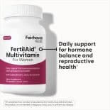 FertilAid Multivitamin for Women by Fairhaven Health shown with callout text: Daily support for hormone balance and reproductive health.