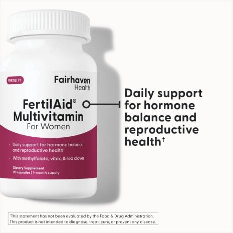 2024_FHH_ImageStack_FH.FERTILAIDWOMEN-US.REV03_FC FertilAid Multivitamin for Women by Fairhaven Health shown with callout text: Daily support for hormone balance and reproductive health.