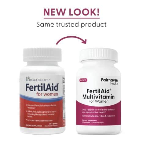 2024_FHH_ImageStack_FH.FERTILAIDWOMEN-US.REV03_NEWLOOK Comparison of old and new FertilAid for Women packaging with the text: New look, same trusted product.