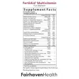 Supplement Facts panel for FertilAid for Women showing full nutrient breakdown and herbal support blend.