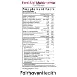 Supplement facts label for Fairhaven Health FertilAid Multivitamin for Women, showing daily values and ingredients like folate, vitex, and red clover.