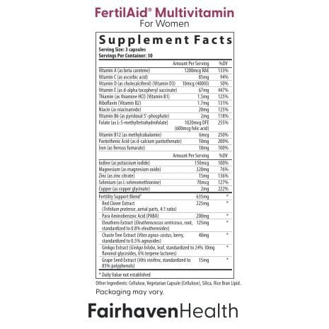 2024_FHH_ImageStack_FH.FERTILAIDWOMEN-US.REV03_SFP_Name Supplement Facts panel for FertilAid for Women showing full nutrient breakdown and herbal support blend.