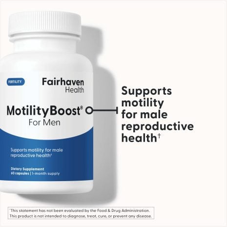 2024_FHH_ImageStack_FH.MOTILITYBOOST-US.REV03_FC Front view of Fairhaven Health MotilityBoost for Men bottle showing updated label design with blue and white color scheme and tagline “Supports motility for male reproductive health”