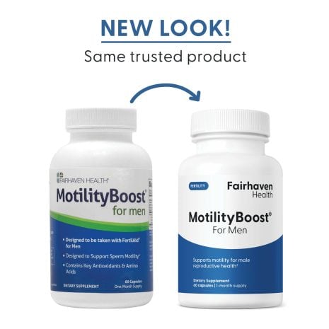 2024_FHH_ImageStack_FH.MOTILITYBOOST-US.REV03_NEWLOOK Side-by-side comparison of the old and new packaging for MotilityBoost for Men by Fairhaven Health, showing updated branding with cleaner design