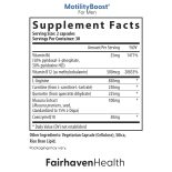 Supplement facts panel for MotilityBoost for Men by Fairhaven Health, listing nutrients like L-Arginine, CoQ10, and Mucuna Extract per 2-capsule serving.