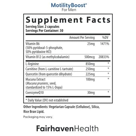 2024_FHH_ImageStack_FH.MOTILITYBOOST-US.REV03_SFP_Name Supplement facts panel for MotilityBoost for Men by Fairhaven Health, listing nutrients like L-Arginine, CoQ10, and Mucuna Extract per 2-capsule serving.