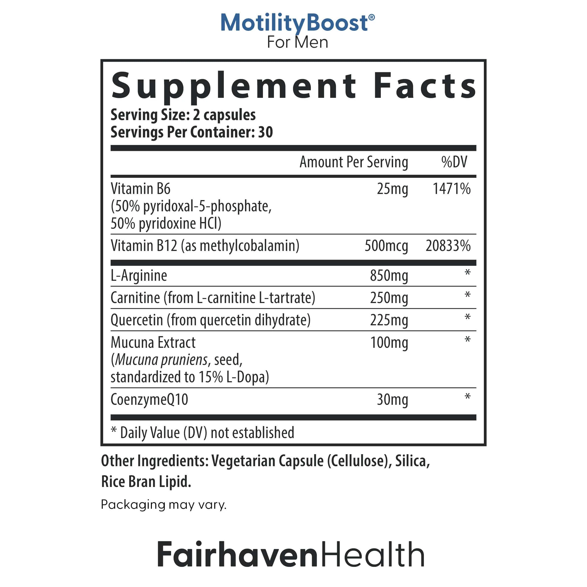 Supplement facts panel for MotilityBoost for Men by Fairhaven Health, listing nutrients like L-Arginine, CoQ10, and Mucuna Extract per 2-capsule serving.