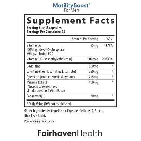 2024_FHH_ImageStack_FH.MOTILITYBOOST-US.REV03_SFP_Name Supplement facts panel for MotilityBoost for Men highlighting key ingredients like L-Arginine, Carnitine, Vitamin B12, and CoQ10