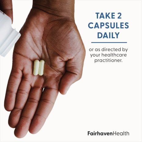 2024_FHH_ImageStack_FH.MOTILITYBOOST-US.REV03_SuggestedUse_V2 A close-up of a hand holding two MotilityBoost capsules with text recommending taking 2 capsules daily or as directed by a healthcare practitioner