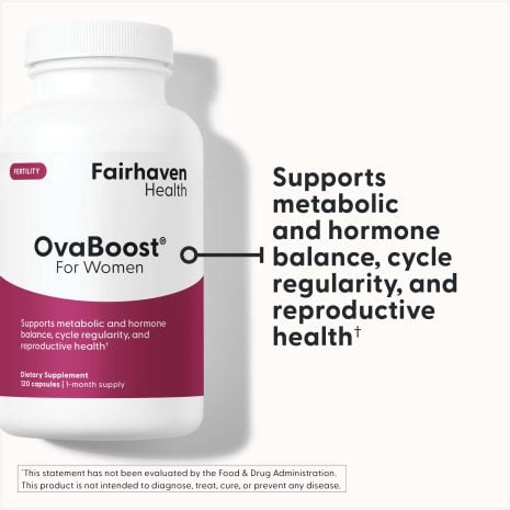 2024_FHH_ImageStack_FH.OVABOOST-US.REV04_FC OvaBoost for Women supplement bottle by Fairhaven Health highlighting support for metabolic and hormone balance, cycle regularity, and reproductive health.