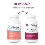 Side-by-side comparison of OvaBoost for Women bottles showing new and old packaging design with the text 'New Look! Same trusted product.'
