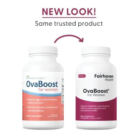2024_FHH_ImageStack_FH.OVABOOST-US.REV04_NEWLOOK Side-by-side comparison of OvaBoost for Women bottles showing new and old packaging design with the text 'New Look! Same trusted product.'