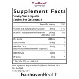 Supplement facts label for Fairhaven Health OvaBoost for Women, detailing ingredients such as myo-inositol, coenzyme Q10, and melatonin.