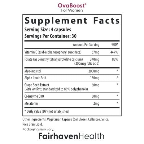 2024_FHH_ImageStack_FH.OVABOOST-US.REV04_SFP_NAME Supplement facts label for Fairhaven Health OvaBoost for Women, detailing ingredients such as myo-inositol, coenzyme Q10, and melatonin.
