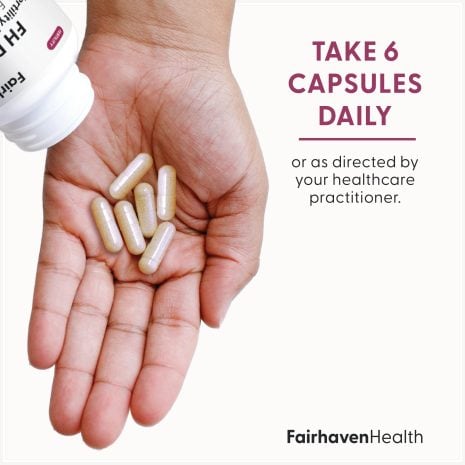 2024_FHH_ImageStack_FH.PROWOMEN.REV04_SuggestedUse_V2 Six FH PRO for Women capsules shown in hand with suggested use instructions to take 6 capsules daily