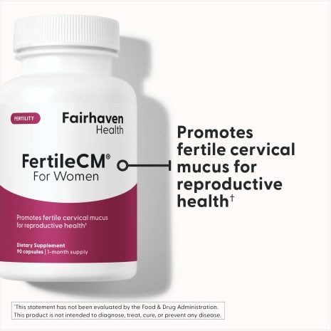 2024_FHH_ImageStack_FH.REV03_FC Front view of FertileCM supplement bottle for women by Fairhaven Health, highlighting support for fertile cervical mucus.