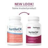 Side-by-side comparison of old and new FertileCM bottle designs with text: ‘New look! Same trusted product.