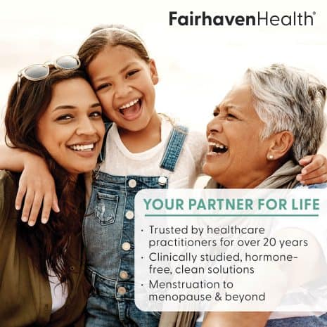 2024_FHH_ImageStack_TemplateMainBranding_BrandStatement_V2 Smiling grandmother, mother, and daughter with Fairhaven Health text: Your partner for life - supporting women from menstruation to menopause.