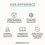 Infographic highlighting Fairhaven Health’s values: lifelong support for women, hormone-free science-based solutions, practitioner trust, patient education, and high safety standards.