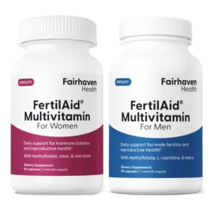 Two supplement bottles of FertilAid for Men and FertilAid for Women side by side, showing front labels with a clean, white background.