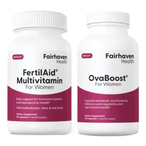Bottles of Fairhaven Health FertilAid Multivitamin for Women and OvaBoost for Women side by side on a white background.