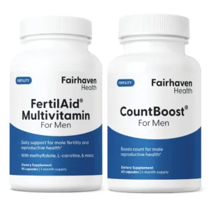 Two supplement bottles side by side  -  FertilAid Multivitamin for Men and CountBoost for Men by Fairhaven Health  -  designed to support male fertility and reproductive health.