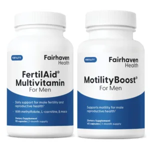 Side-by-side image of FertilAid for Men & MotilityBoost for Men supplement bottles from Fairhaven Health, labeled to support male reproductive health.
