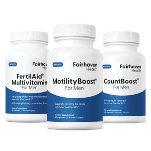 Product photo of three Fairhaven Health fertility supplements for men – FertilAid Multivitamin, MotilityBoost, and CountBoost.