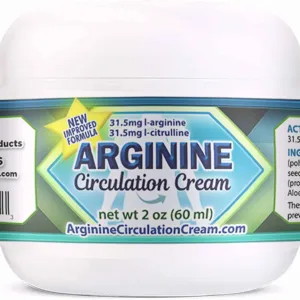 Front of 2 oz jar of Arginine Circulation Cream with L-arginine and L-citrulline, highlighting the new improved formula for healthy blood flow.