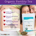 Happy couple holding Herb Lore Pre-Conception Tea with text highlighting organic fertility support for women trying to conceive
