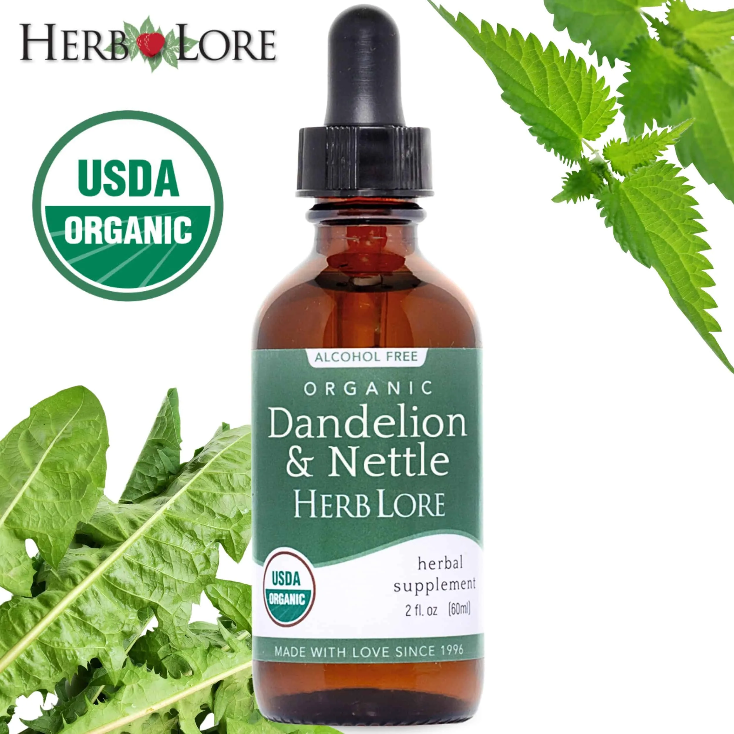 2 oz bottle of Herb Lore Organic Dandelion & Nettle Tincture surrounded by dandelion and nettle leaves with USDA Organic seal