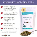 Promotional image showing Nursing Tea bag with benefits such as organic, caffeine-free, nutrient-rich, and 58 servings per bag.