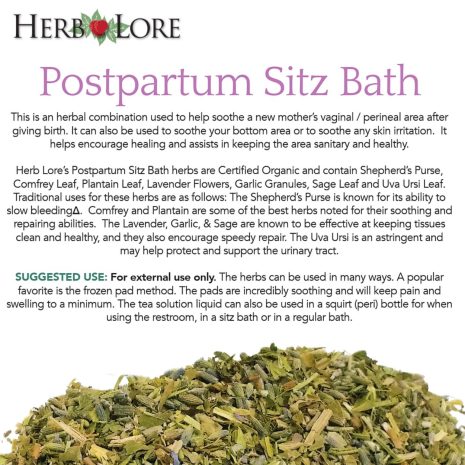 3 Detailed description of Herb Lore Postpartum Sitz Bath benefits and suggested external uses for postpartum care