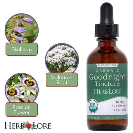 3 Ingredients spotlight: Skullcap, Passionflower, and Valerian Root next to Herb Lore Organic Goodnight Tincture bottle