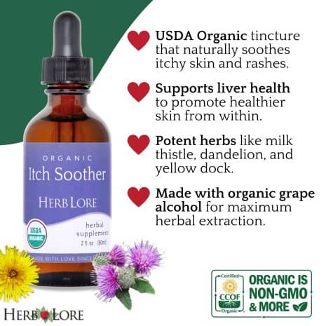 3 Herb Lore Itch Soother bottle with bullet points highlighting organic ingredients, liver support, and skin-soothing herbs