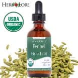 Herb Lore Organic Fennel Tincture 2 oz bottle surrounded by whole fennel seeds with USDA Organic seal