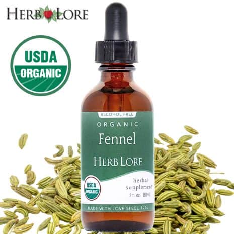 3 Herb Lore Organic Fennel Tincture 2 oz bottle surrounded by whole fennel seeds with USDA Organic seal
