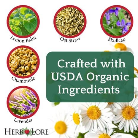 3 Herbs used in Relax Tincture: lemon balm, oatstraw, skullcap, chamomile, and lavender, with labeled photos of each around a USDA Organic ingredients message.