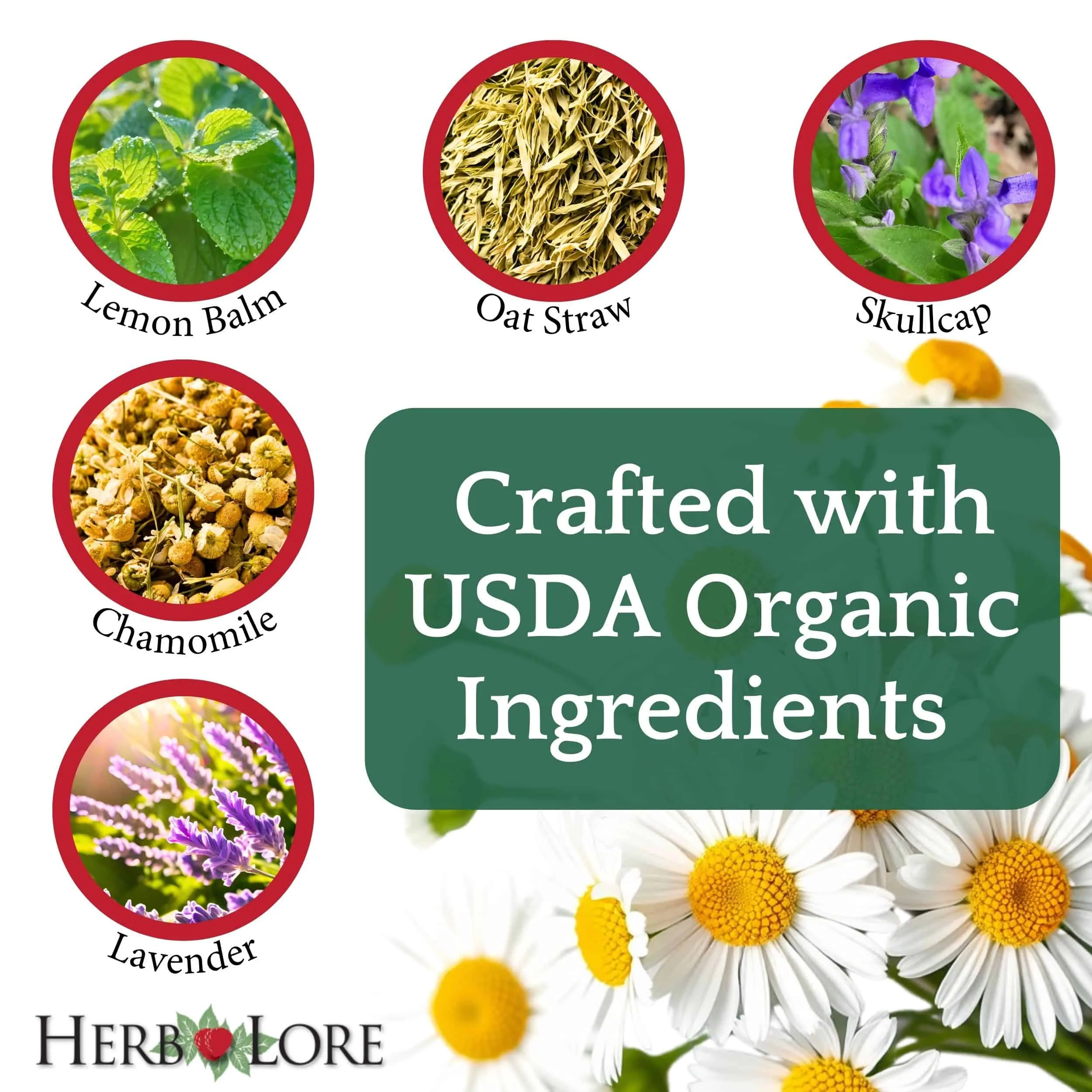 Herbs used in Relax Tincture: lemon balm, oatstraw, skullcap, chamomile, and lavender, with labeled photos of each around a USDA Organic ingredients message.