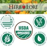 USDA Organic badge surrounded by icons for Made in the USA, Gluten Free, Non-GMO, and 100% Natura