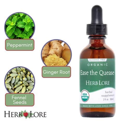 3 Herb Lore Ease the Quease tincture next to labeled images of peppermint, ginger root, and fennel seeds – key herbal ingredients